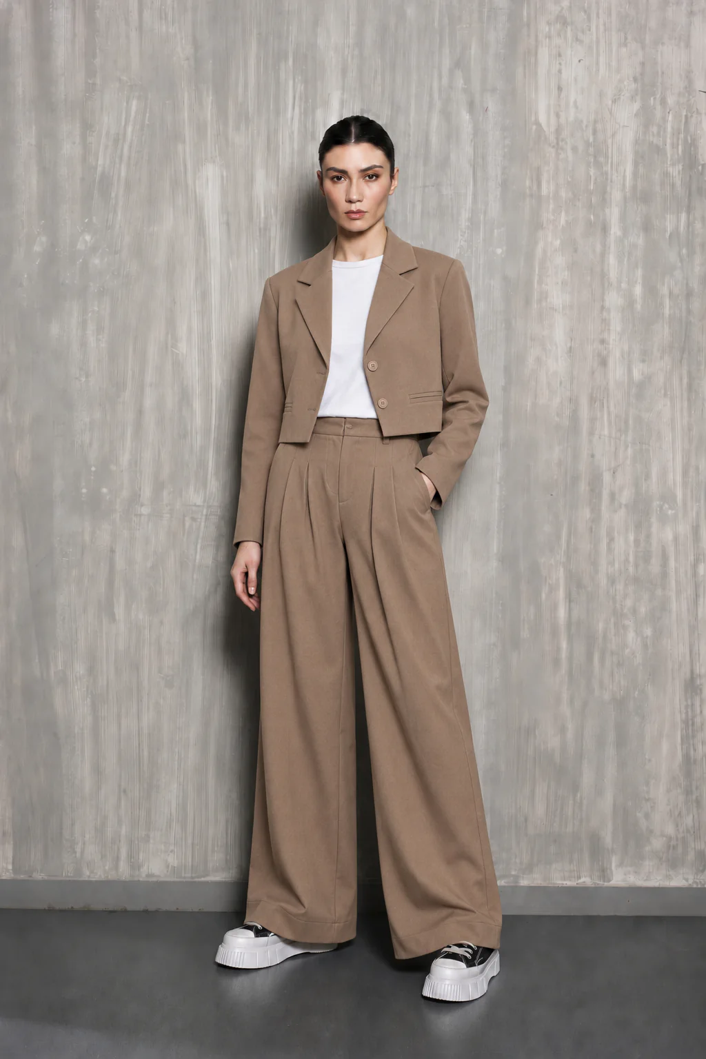 beige women blazer and wide leg pants Tag Modest Clothing Zizal Souler front view