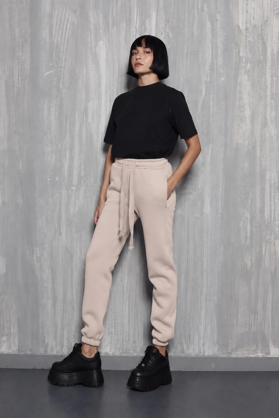 jogger pants sand women Tag Modest Clothing Penteli three quarter view