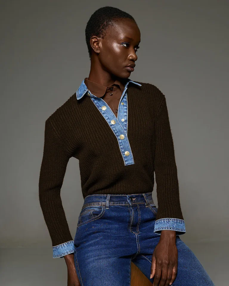 Tailor Made Knitwear Valerie Ribbed Knit Sweater Navy Coffee front view