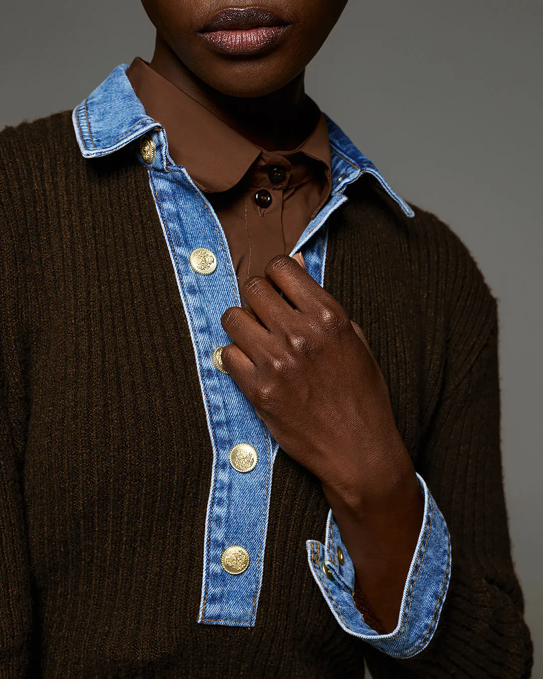 Tailor Made Knitwear Valerie Ribbed Knit Sweater Navy Coffee denim collar and button detail