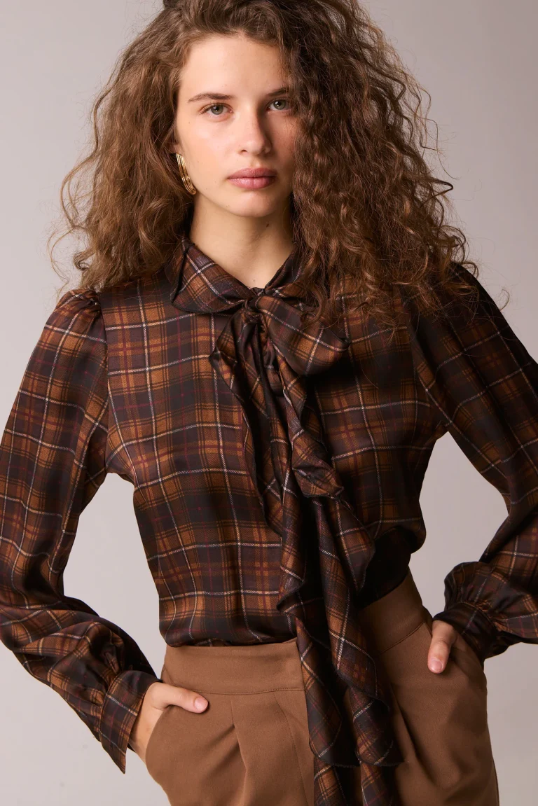 Brown check tie-neck shirt women Twenty-29 Margot detail view