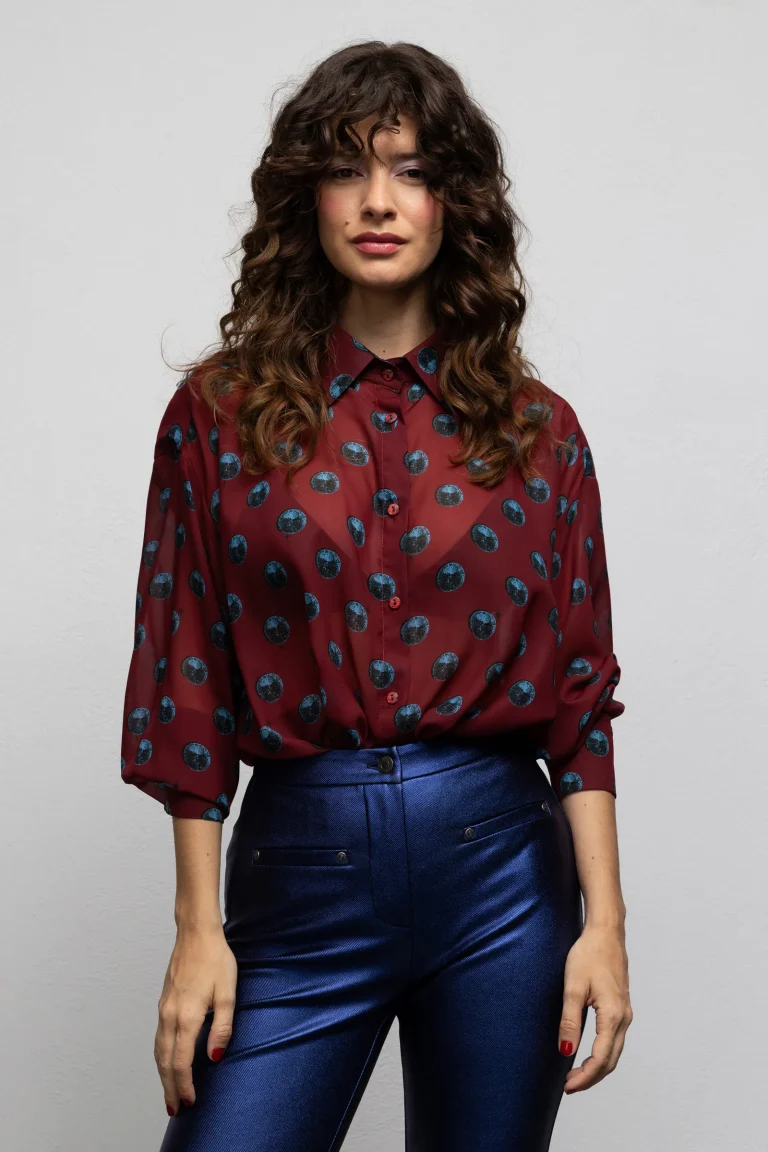 printed burgundy women shirt We Are Freddie Disco Balls close up
