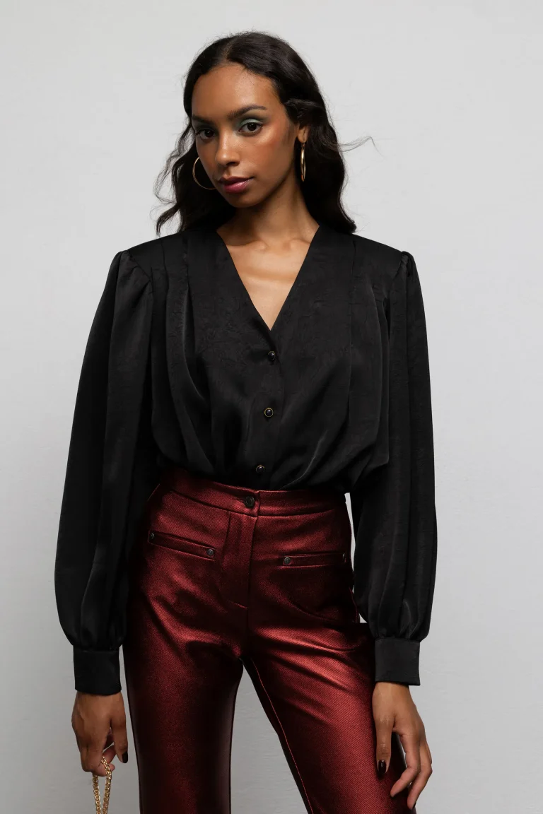 black satin women shirt We Are Goldie front detail