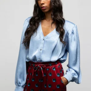 light blue satin women shirt We Are Goldie detail view