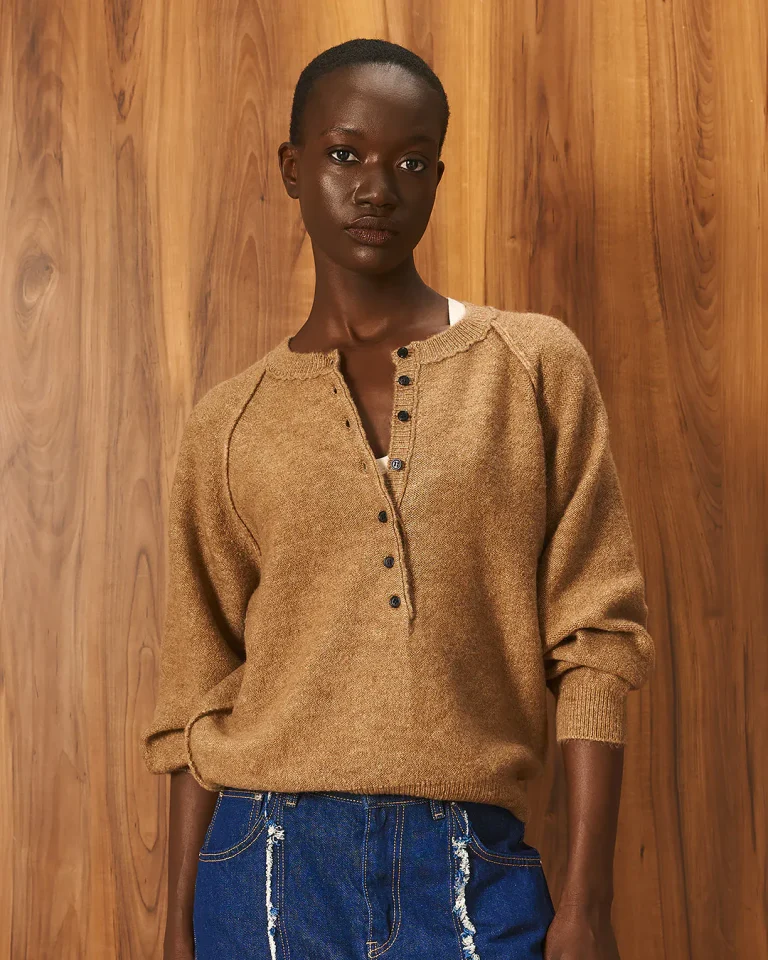 Amelie Long Placket Sweater Camel with button placket