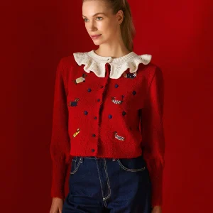 Bonnie Dog Embroidered Cardigan Red Tailor Made front view
