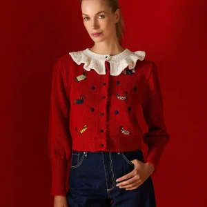 Bonnie Dog Embroidered Cardigan Red front styling