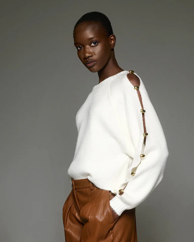 Camille Gold Button Sweater Off White Tailor Made Knitwear side view