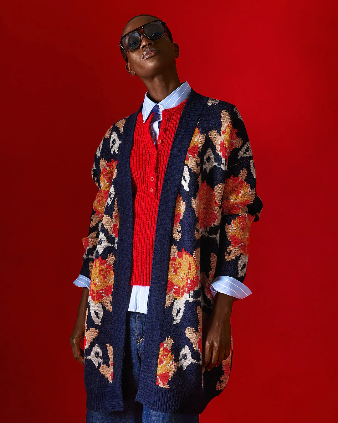Dahlia Oversized Cardigan Navy Blue front view