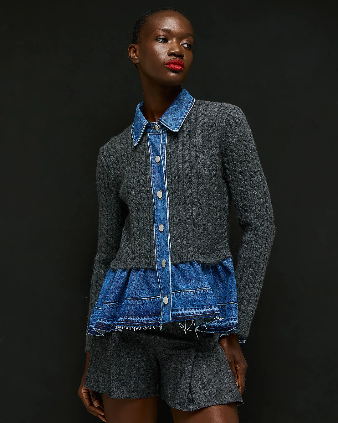 Delphine Cable Denim Cardigan Anthracite Tailor Made Knitwear three quarter view