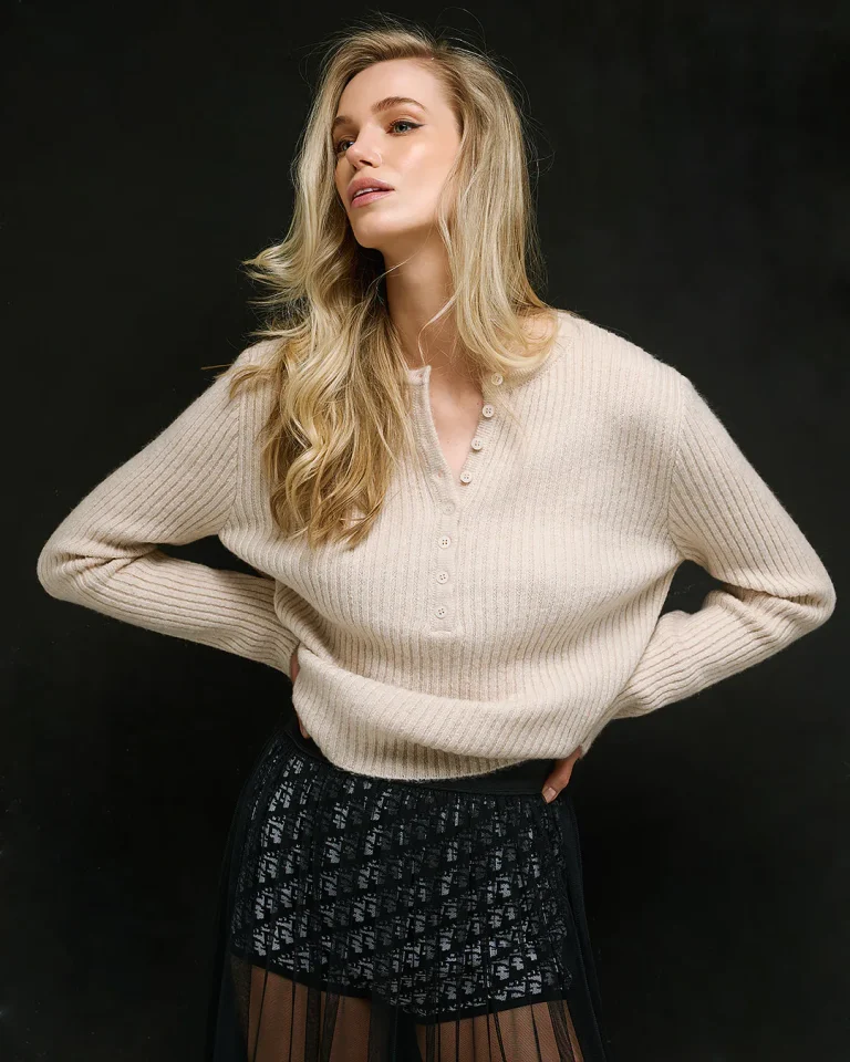 Juliette Ribbed Placket Sweater Off White angled front view