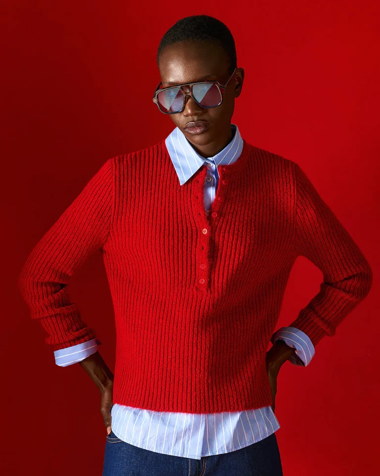 Juliette Ribbed Placket Sweater Red Tailor Made front view