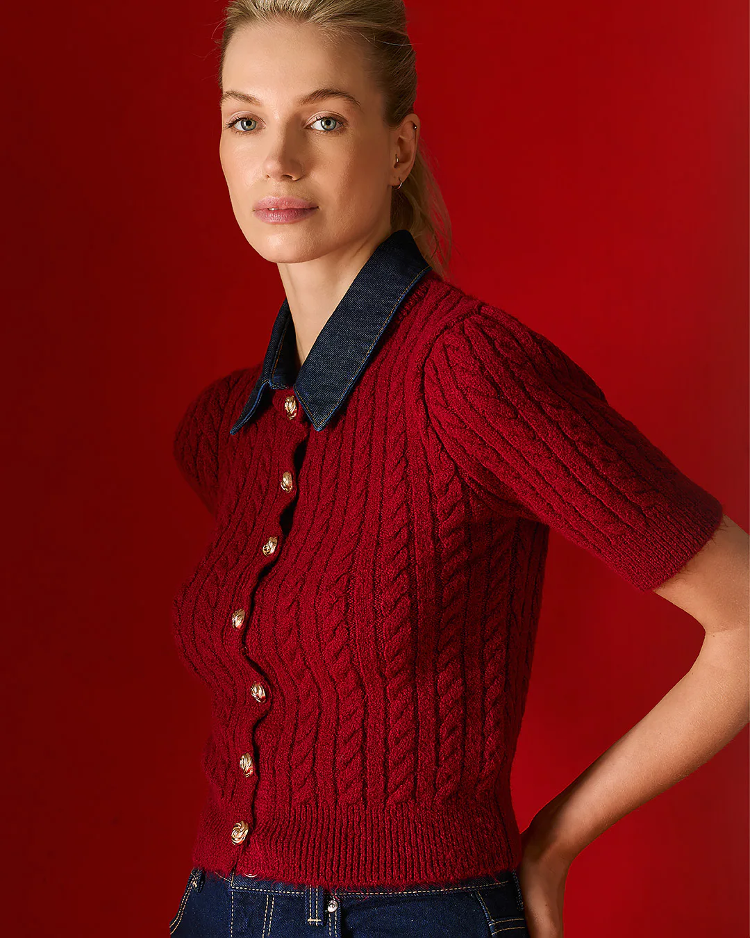 Simone Cable Knit Cardigan - Bordeaux by Tailor Made Knitwear side view
