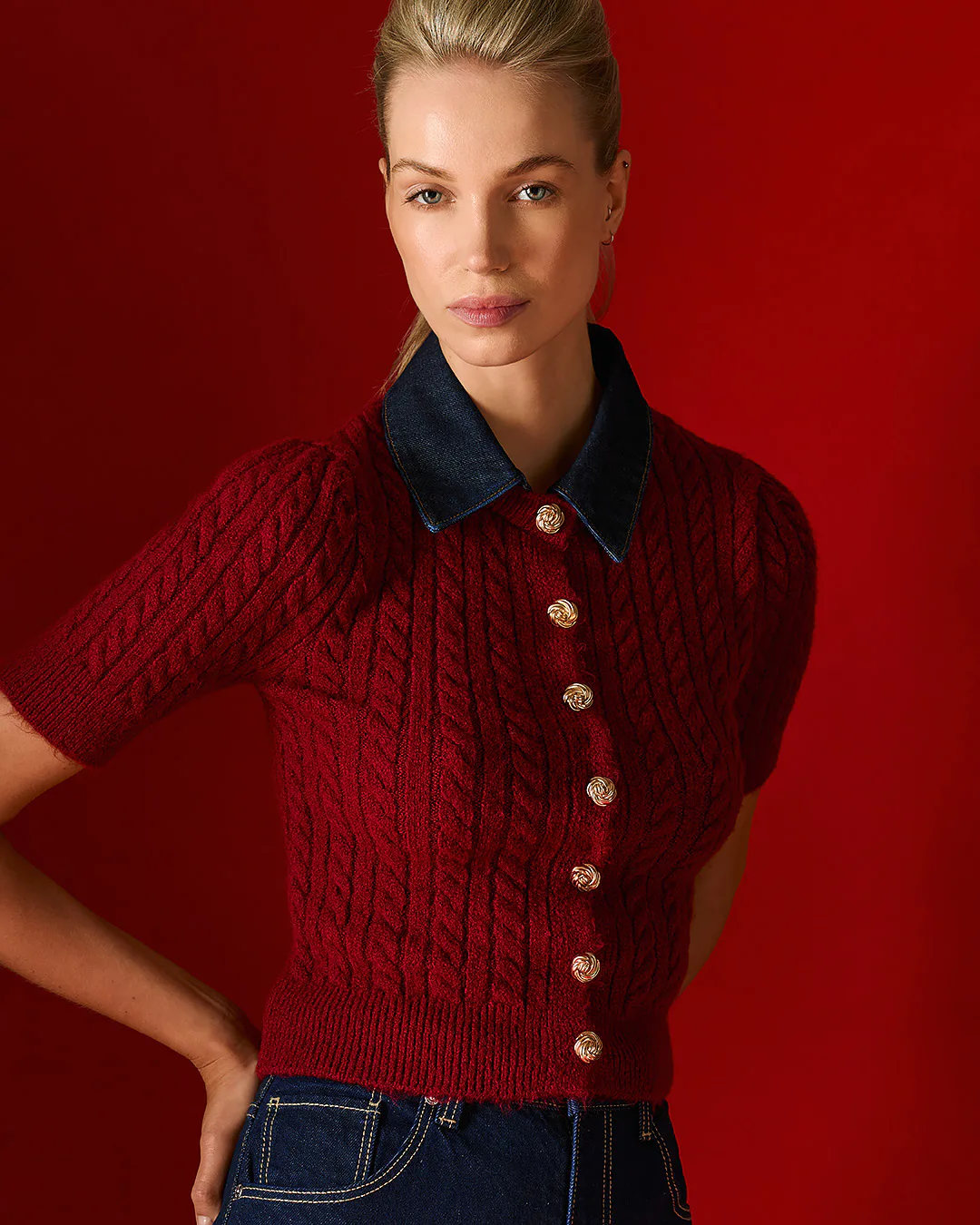 Simone Cable Knit Cardigan - Bordeaux by Tailor Made Knitwear front upper view