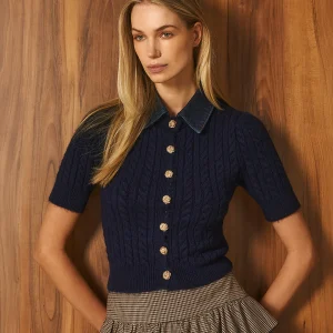 Simone Cable Knit Cardigan Navy Blue Tailor Made Knitwear front view