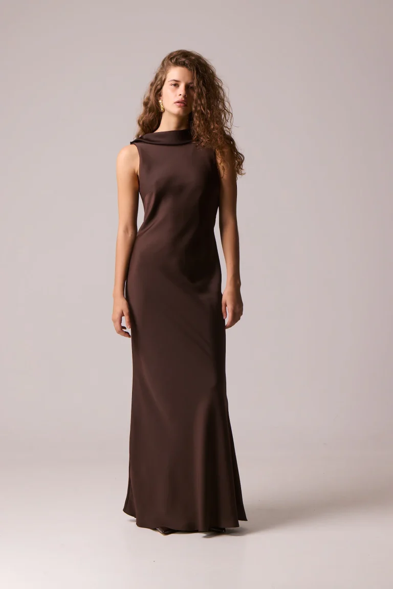 Brown satin maxi dress women Twenty-29 Elina front view