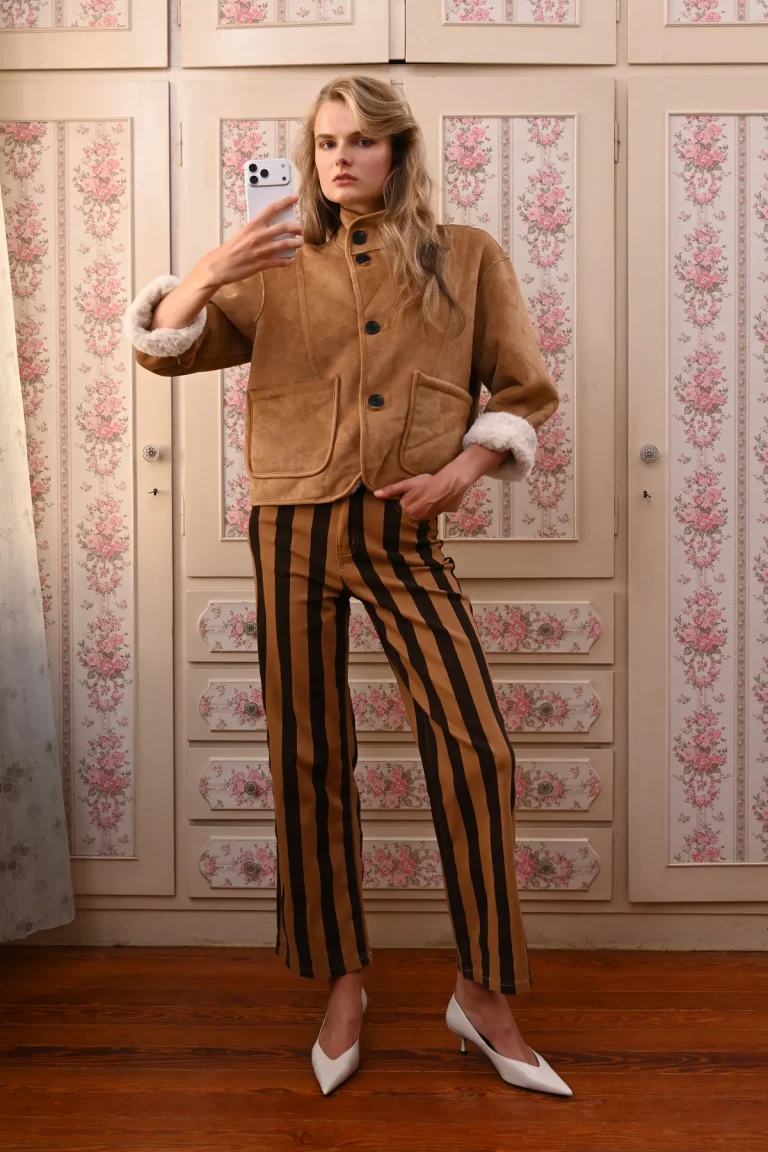 Boom Bahia Cookie striped pants in caramel and dark brown, full-length front view