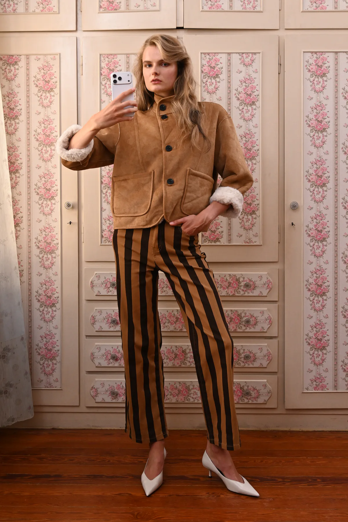 Boom Bahia Cookie striped pants in caramel and dark brown, full-length front view