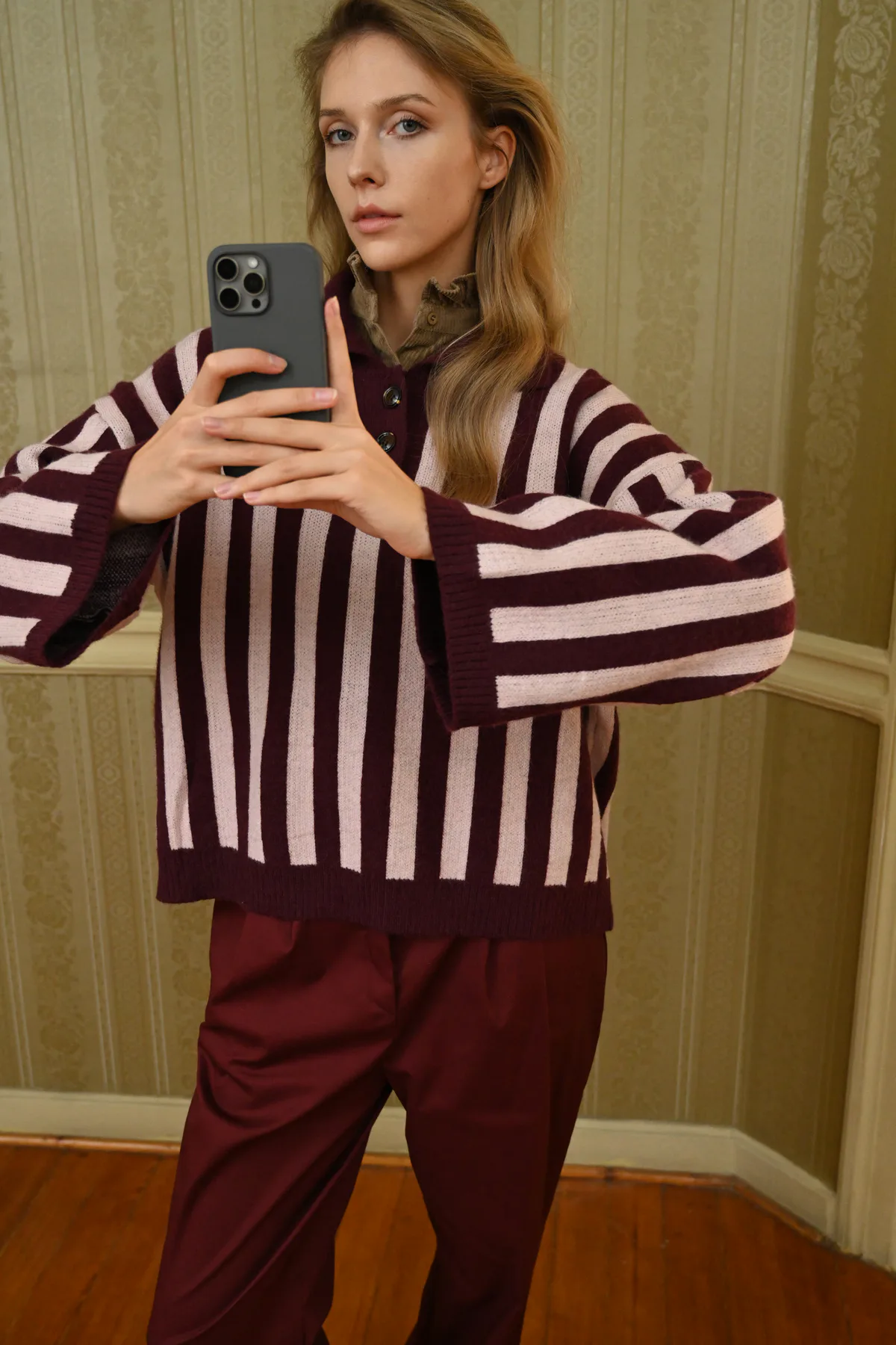 Boom Hollis striped knit polo top showing maroon collar, button placket and wide sleeves, close-up