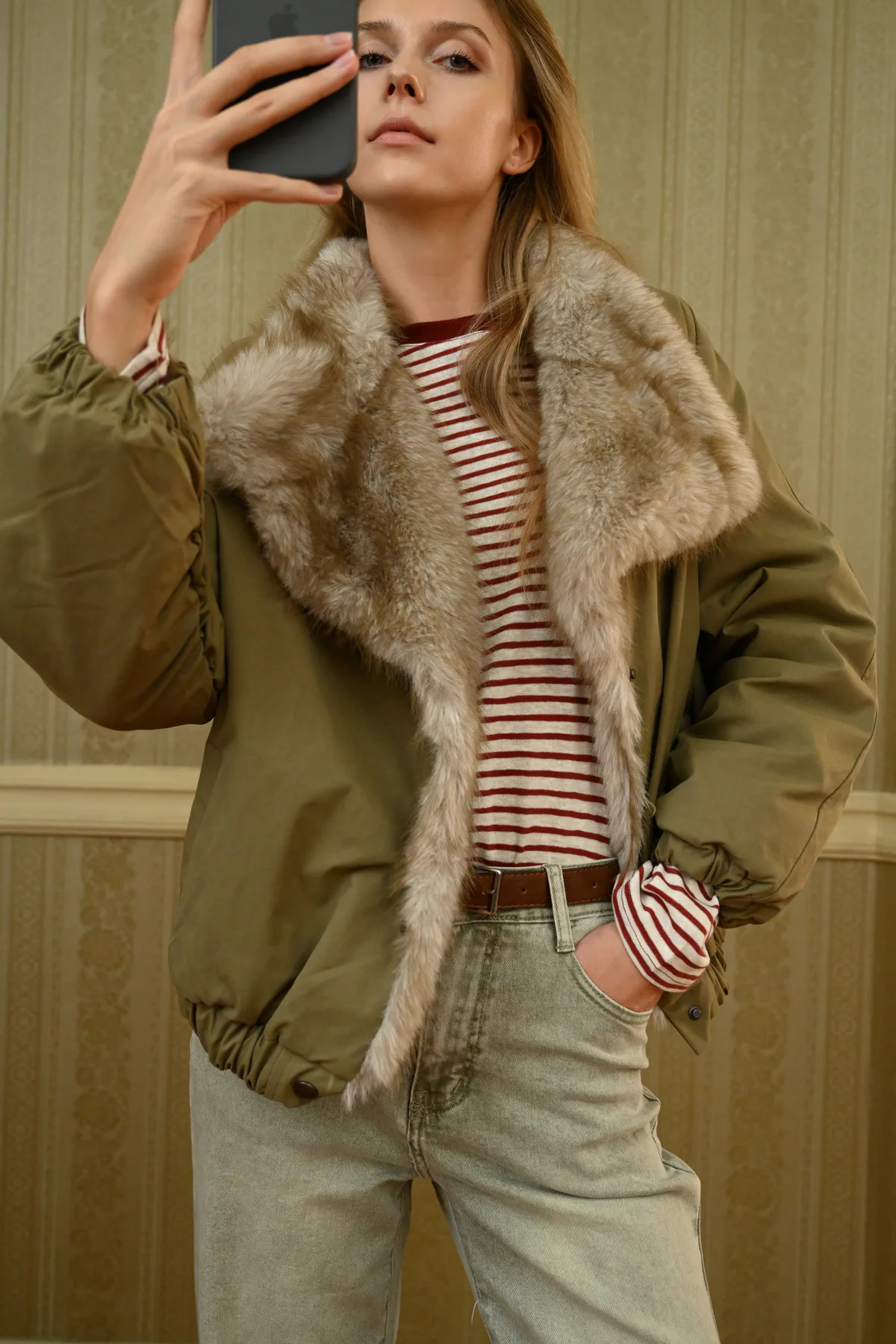 Boom Marnie olive jacket showing fur-textured collar, front trim and elasticated cuffs, close-up