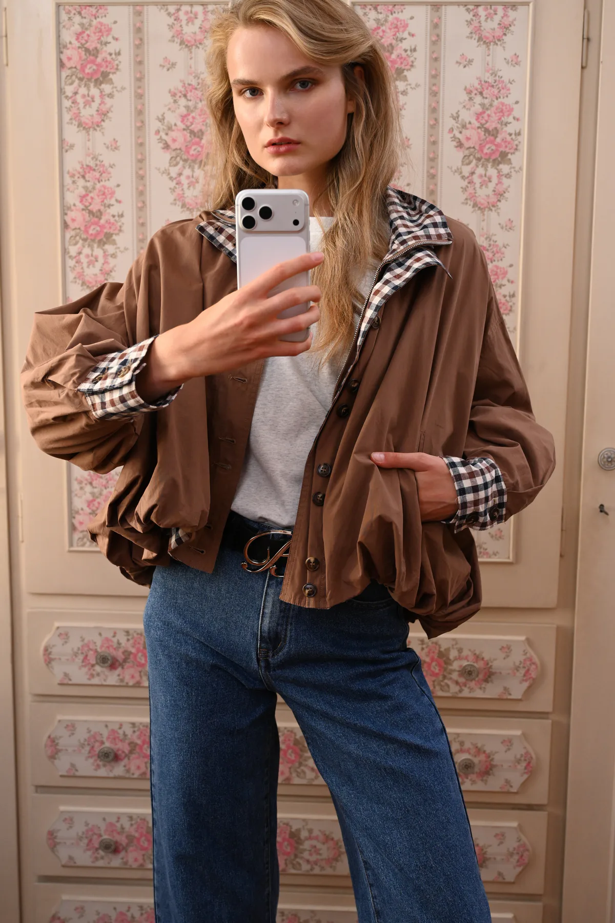 Boom Tansy milk chocolate jacket showing checked collar and cuffs, front buttons and side pocket