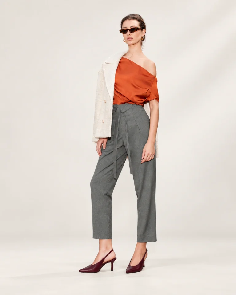 Innocent Nadine Tie-Waist Pants Grey – high-waisted tailored trousers with matching waist tie