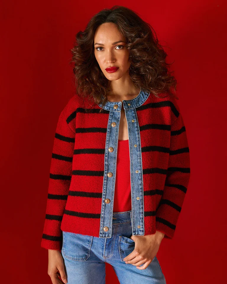 Tailor Made Perrine red striped cardigan with gold buttons