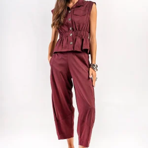 Teta Arvanitaki Avocado Wine Pants and Avocado Wine Shirt, full-length front view styled with black heeled sandals