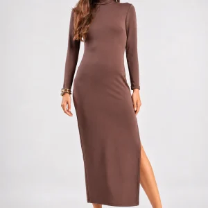 Teta Arvanitaki Sirene Brown Dress with a high neckline, long sleeves and side slit, full-length front view