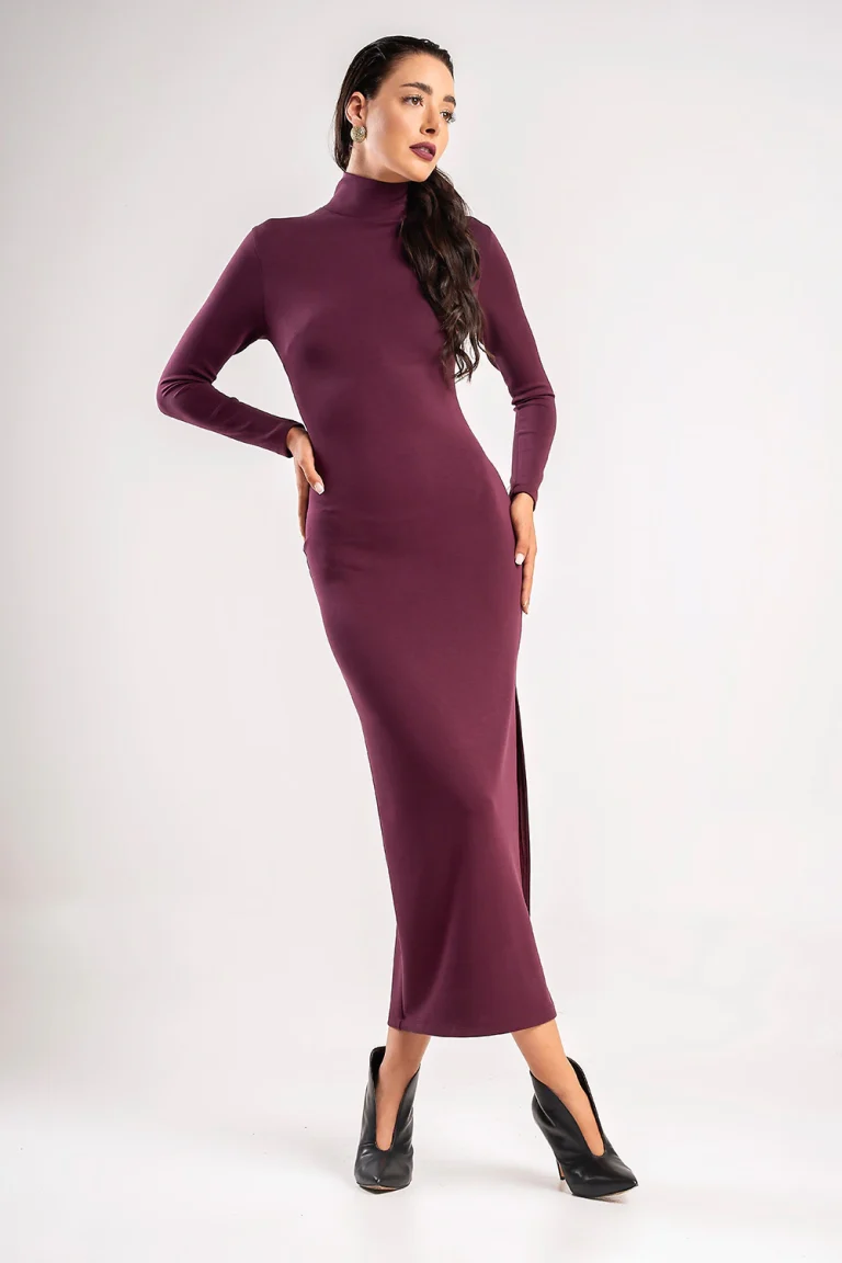 Teta Arvanitaki Sirene Purple Dress with a high neckline and long sleeves, full-length front view.