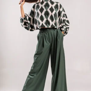 Teta Arvanitaki Milan green wide-leg pants with a high waist and front pleats, front view