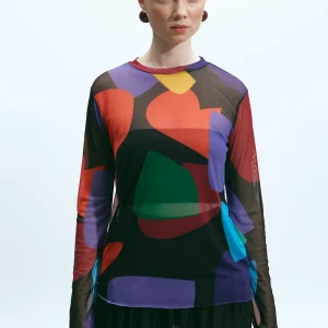 The Norm Kukka mesh top with multicoloured abstract print and long sleeves, front view