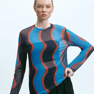 The Norm Vague Bleu printed mesh top with round neckline and sheer long sleeves, front view