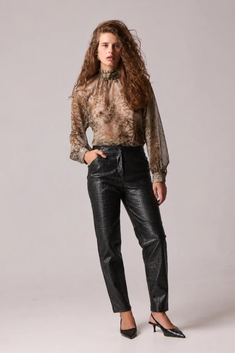 Twenty-29 Agnes Trouser in black croco faux leather, front view styled with the Inez Animal Print Shirt