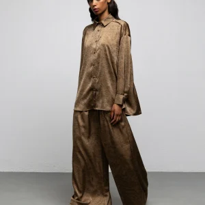 we are doris pants vintage gold satin wide leg trousers with matching evelyn shirt