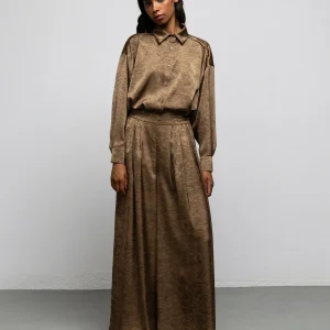 we are doris pants vintage gold high waisted satin wide leg trousers front view