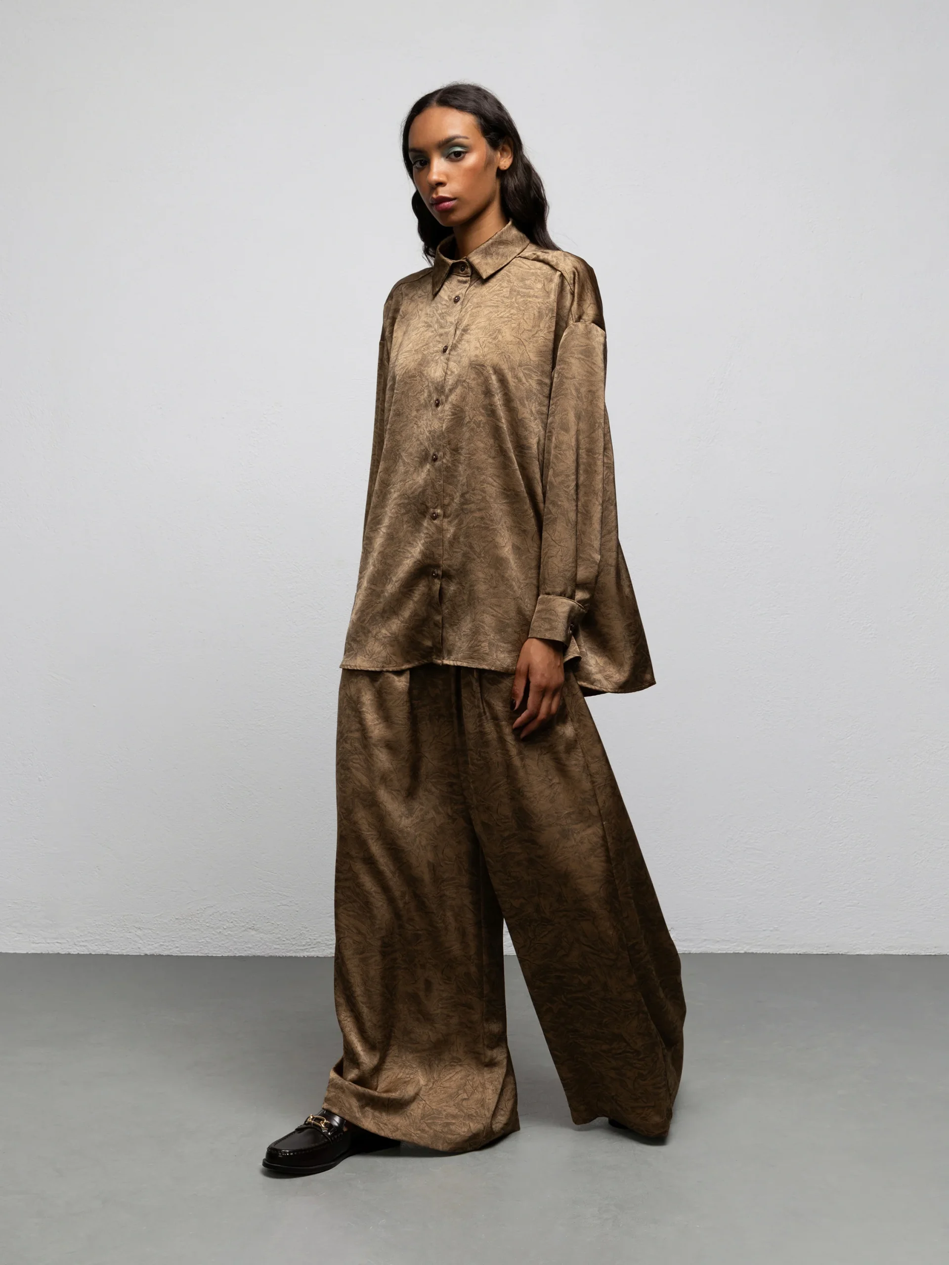 we are evelyn shirt vintage gold satin shirt with matching doris pants