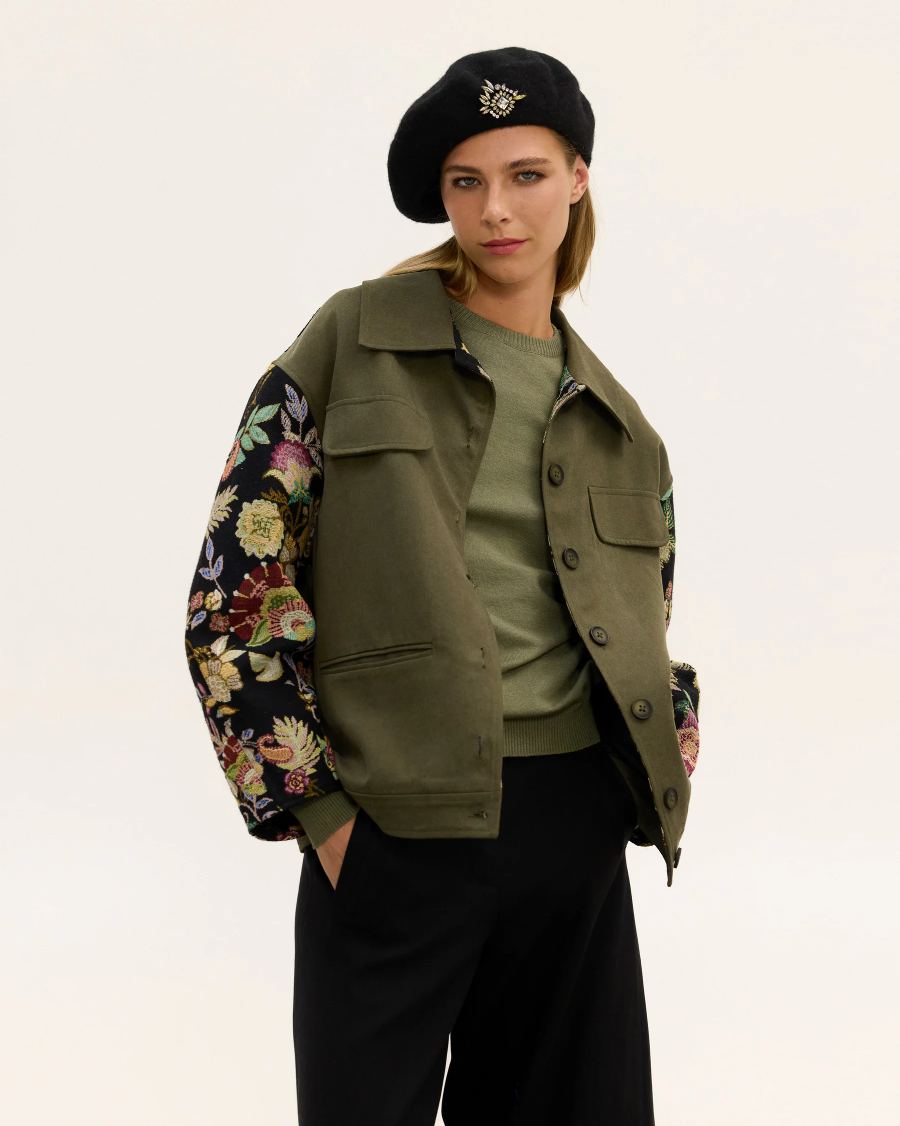 Innocent Zelie Floral Jacket in khaki on model, close-up of collar, pockets and floral sleeves