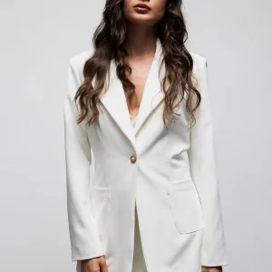 White Bianca blazer by We Are, close-up front view showing classic lapels and single-button fastening